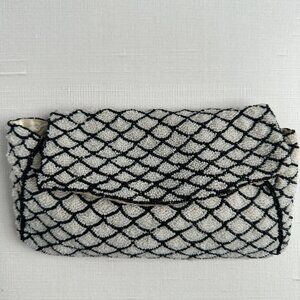 Antique Beaded Clutch Purse Black White Art Deco
